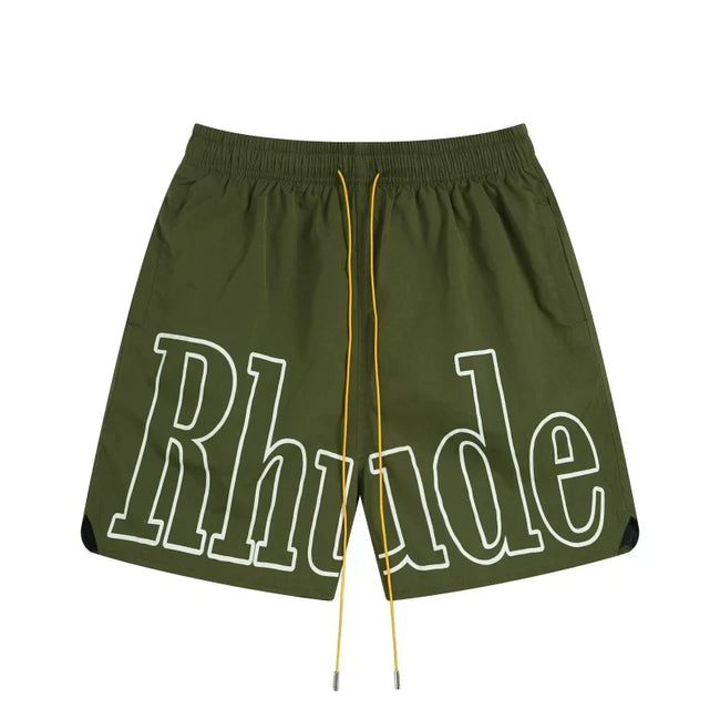 RHUDE Signature Script Logo Athletic Shorts - Olive Green Hover Image