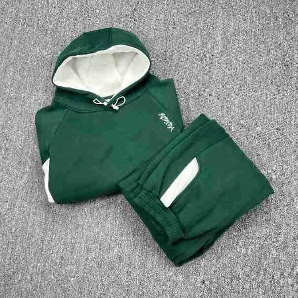 Mertra Contrast Colorblock Fleece Tracksuit Set - Forest Green/White Hover Image