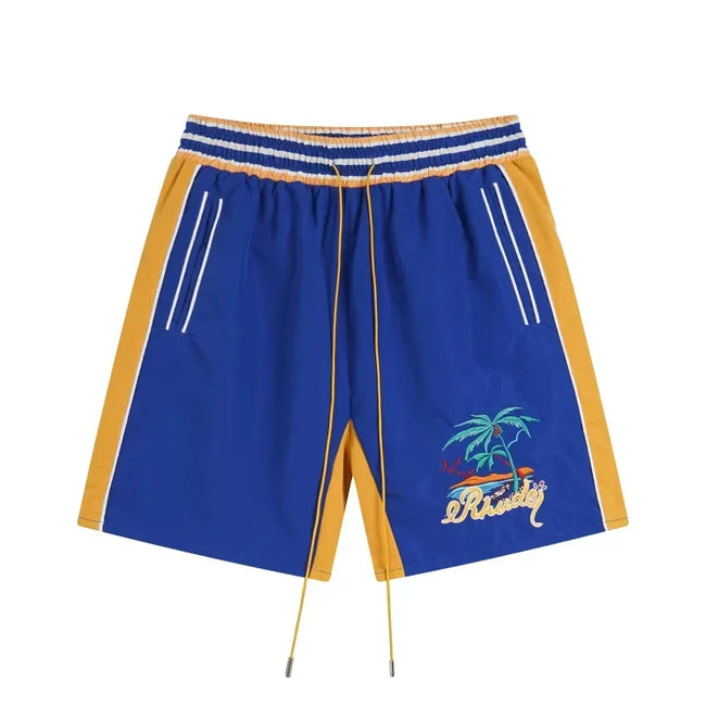 RHUDE Tropical Graphic Colorblock Athletic Shorts - Blue / Yellow Hover Image