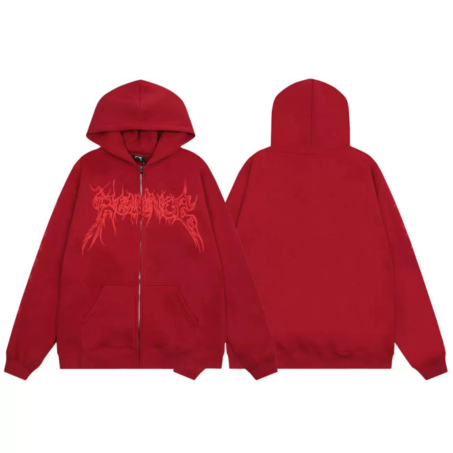 Streetwear Gothic Script Logo Full-Zip Hoodie - Burgundy Hover Image