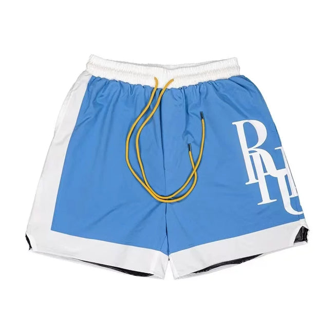 RHUDE Side-Panel Logo Drawstring Athletic Shorts - Blue / White Hover Image