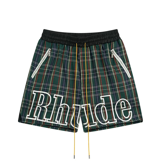 RHUDE Plaid Script Logo Athletic Shorts - Green Multi Hover Image