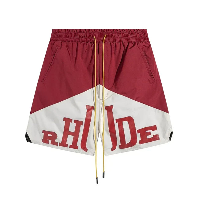 RHUDE Colorblock Athletic Shorts with Split Script Logo - Maroon / White Hover Image