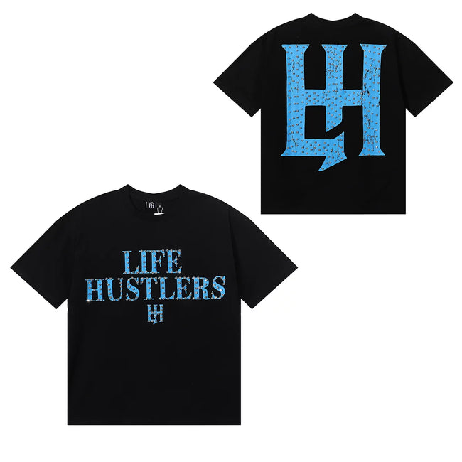 Life Hustlers Minimalist Serif Logo Tee - Black (Blue Logo) Hover Image