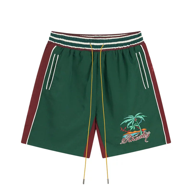 RHUDE Tropical Graphic Colorblock Athletic Shorts - Green / Maroon Hover Image