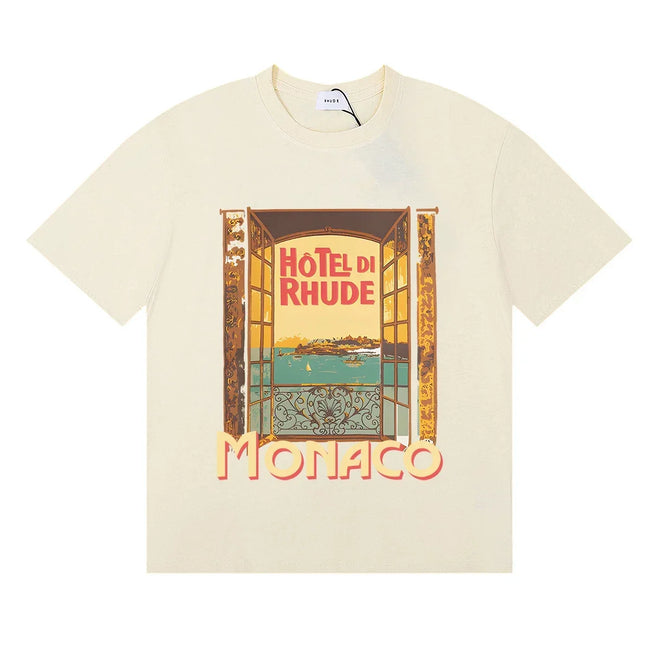 RHUDE "Hotel Di Rhude Monaco" Graphic Print T-Shirt - Cream Hover Image