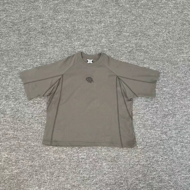 Mertra Seam-Detailed Mesh Panel Raglan Tee - Olive Grey Hover Image