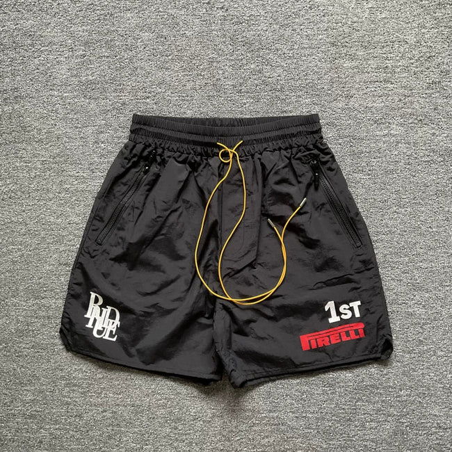 RHUDE Racing Graphic Zip Pocket Athletic Shorts - Black Hover Image