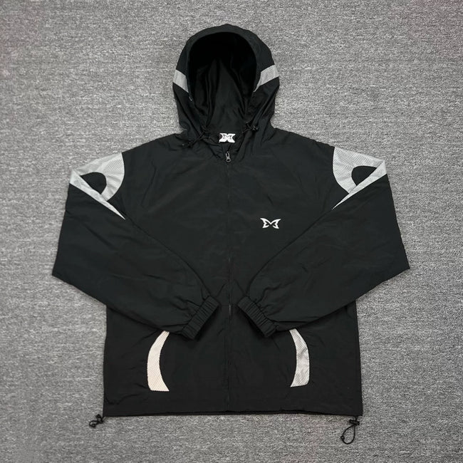 Mertra Patterned Panel Hooded Windbreaker - Black Hover Image