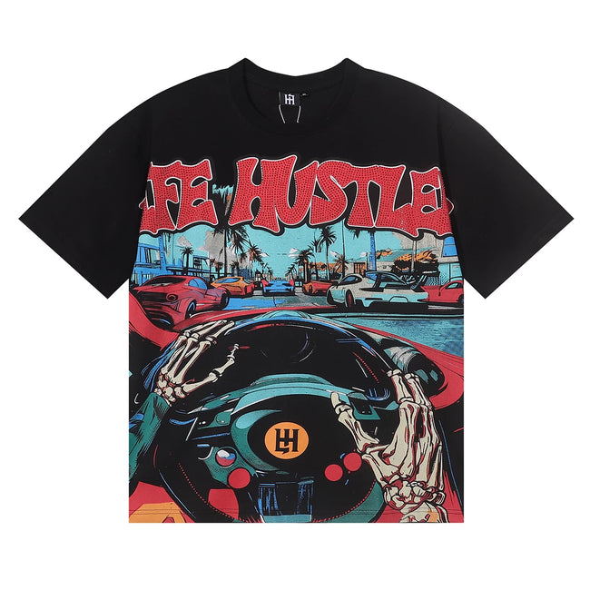 Life Hustlers Skeleton Driving Graphic Tee - Black Hover Image