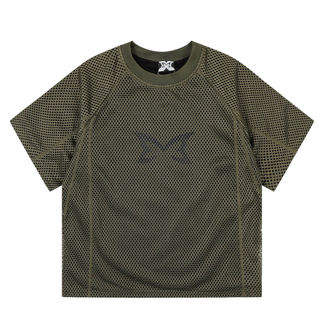 Mertra All-Over Monogram Mesh Raglan Tee - Olive Green Hover Image