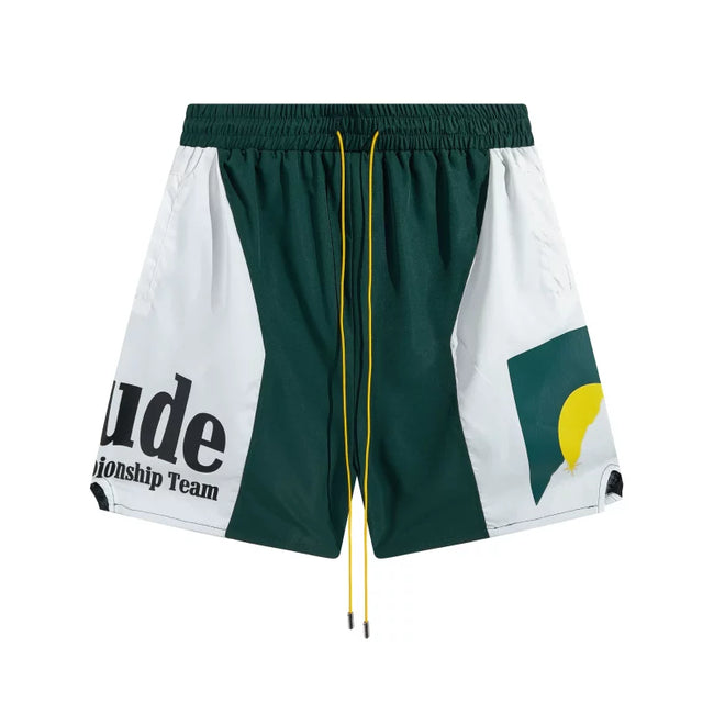 RHUDE Championship Team Graphic Colorblock Drawstring Shorts - Green / White Hover Image