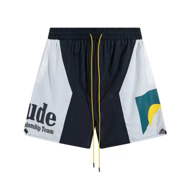 RHUDE Championship Team Graphic Colorblock Drawstring Shorts - Black / White Hover Image