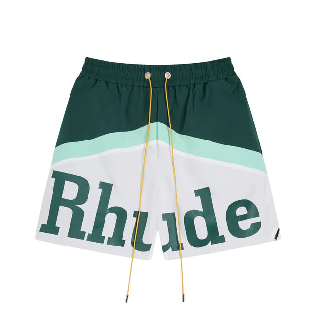 RHUDE Colorblock Script Logo Drawstring Athletic Shorts - Dark Green / White Hover Image