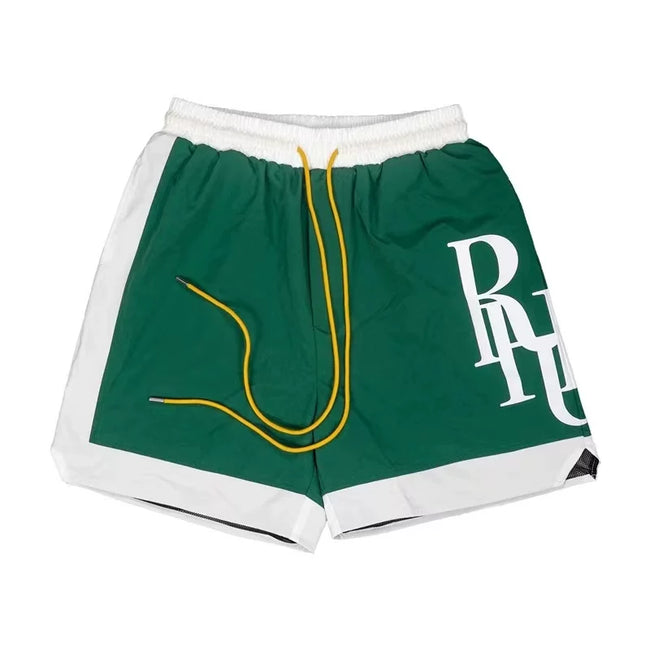 RHUDE Side-Panel Logo Drawstring Athletic Shorts - Green / White Hover Image